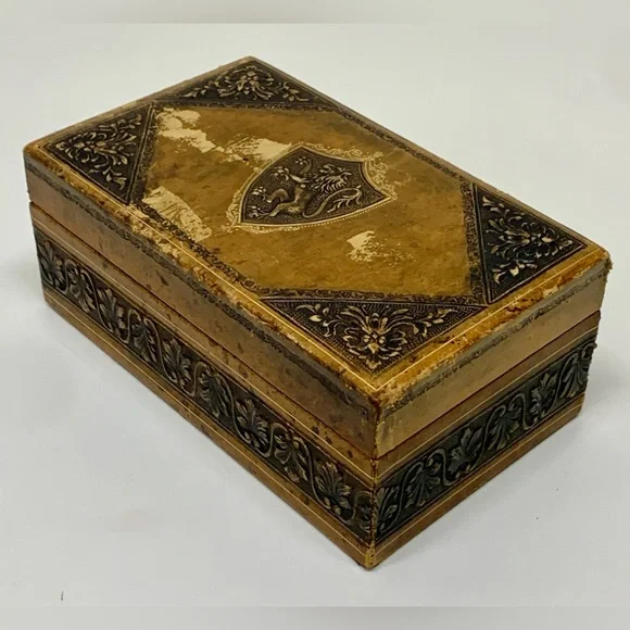 Mid Century Vintage Lion Crest Embosssed Embellished Leather Wood Jewelry Box